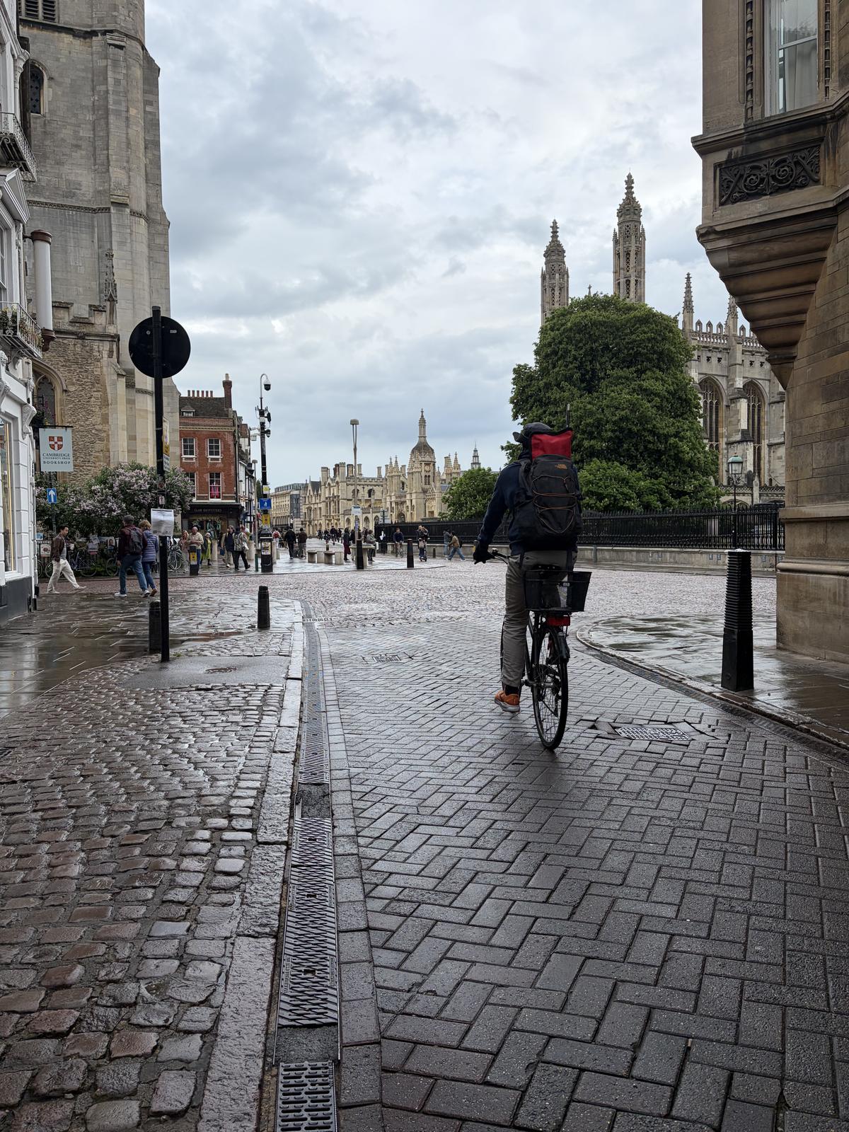 A cyclist in central Cambridge. 