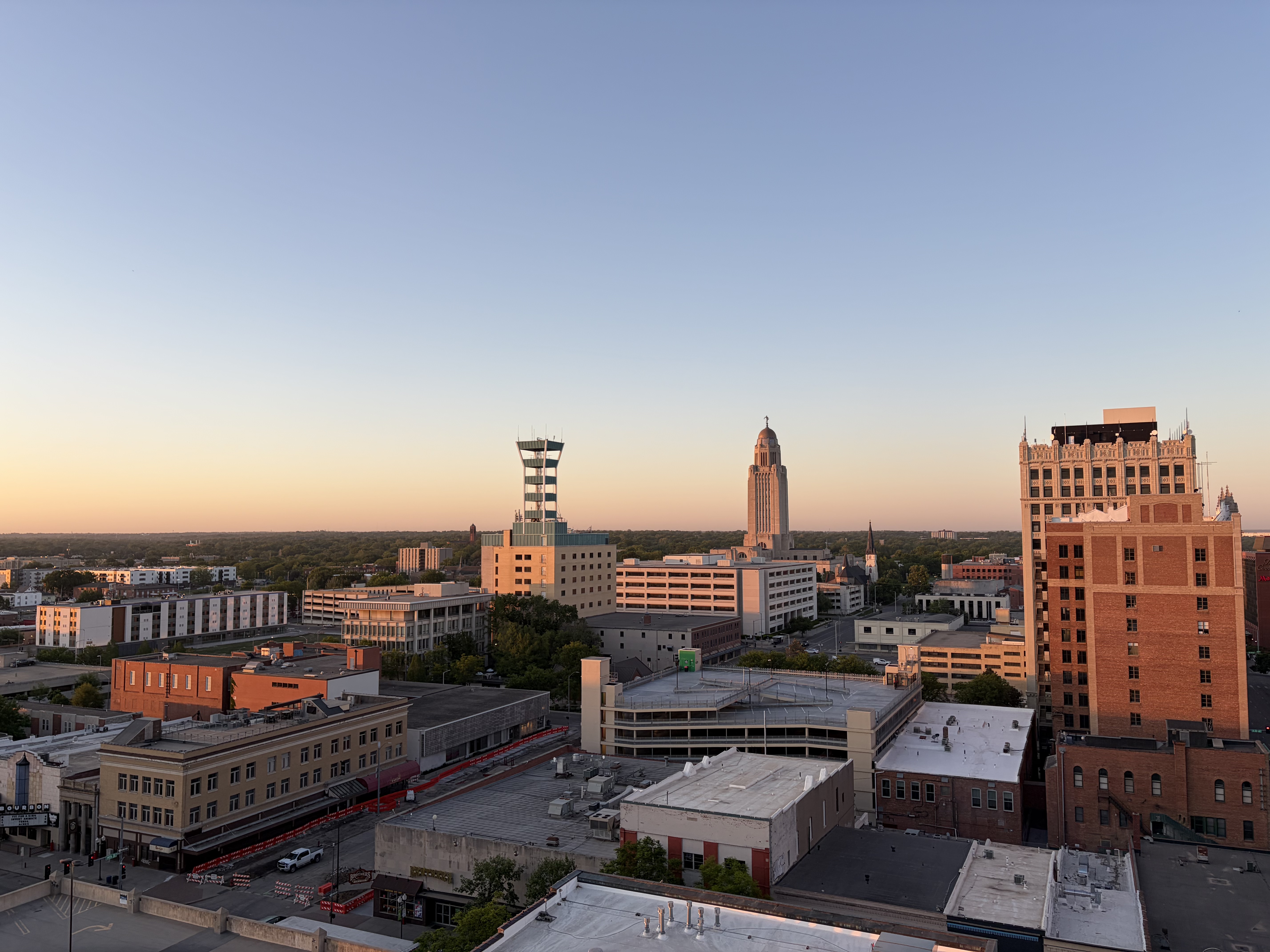 The Nebraska Capitol building at sunrise.